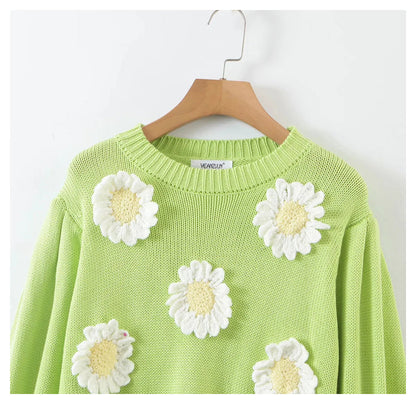 Three dimensional sunflower Pullover loose knitted sweater  7299