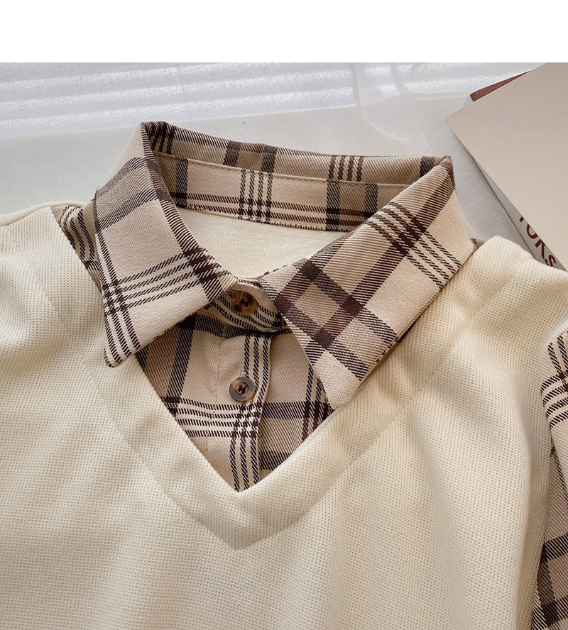 Hong Kong style leisure Plaid long sleeve top  6337