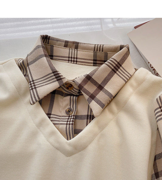 Hong Kong style leisure Plaid long sleeve top  6337