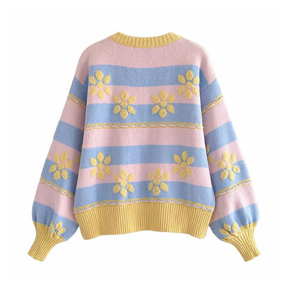 Sweet flower printed jacquard knitted coat cardigan  7189