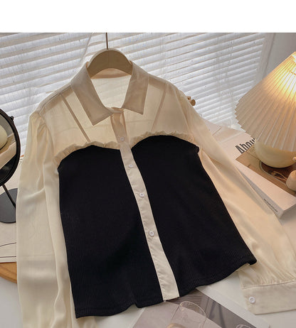 Fungus edge contrast long sleeve splicing shirt  6388