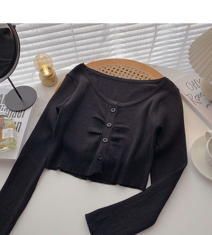 Knitted thin long sleeve V-neck slim cardigan  6507