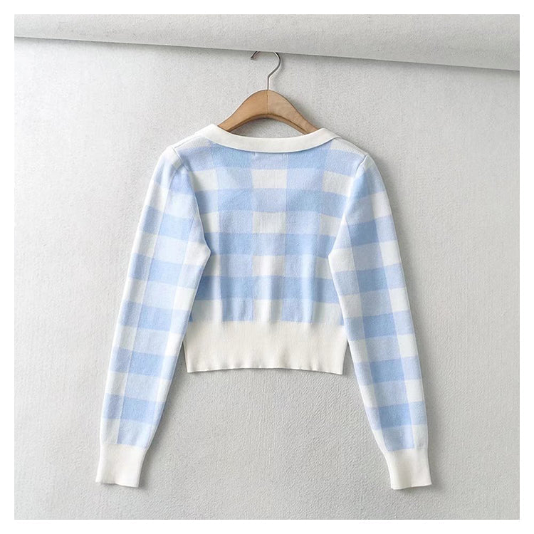 Vintage chessboard Plaid Polo neck T-shirt  7394