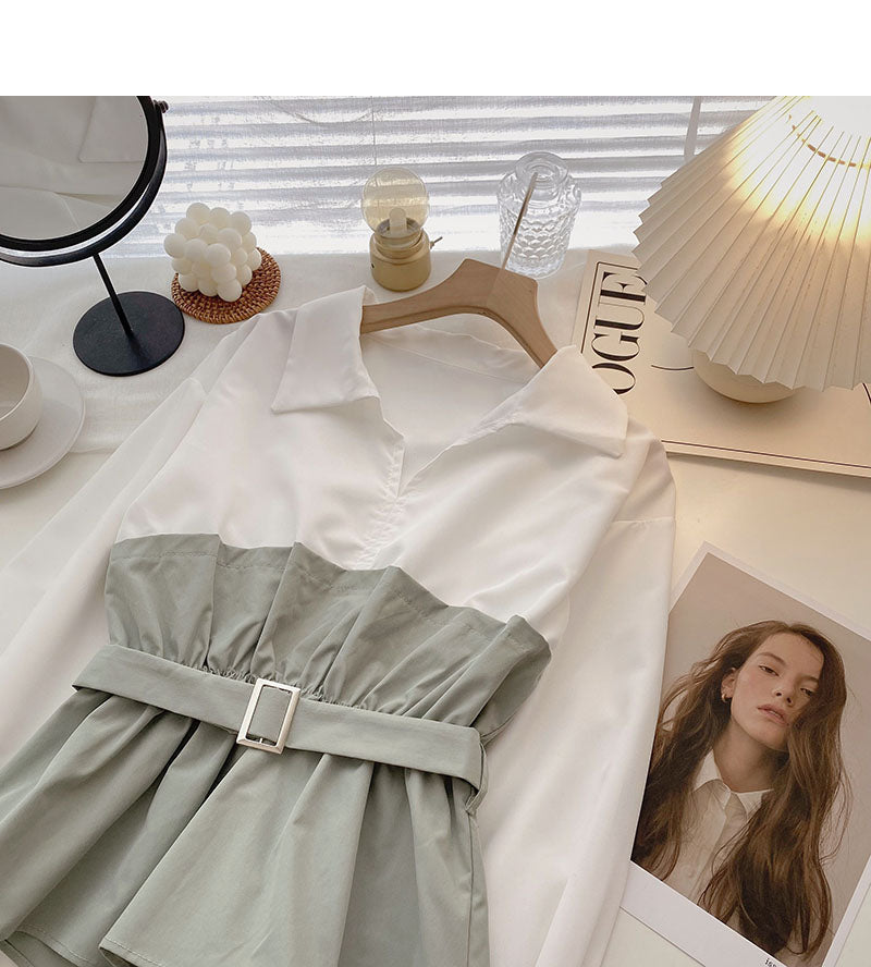 Korean long sleeve waistband design color matching top with belt  6284