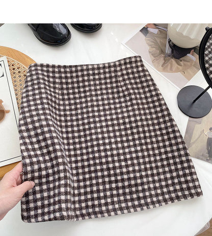 High waist Plaid tweed Hip Wrap Skirt shows thin A-line skirt  5515