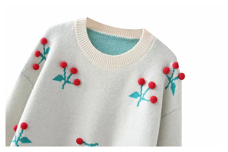 Three dimensional flower round neck Pullover knitted sweater lazy loose top  7388