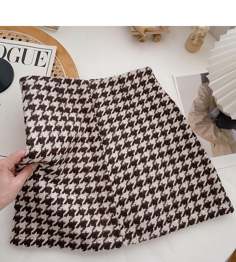 Pearl button small fragrance wind high waist thousand bird grid A-shaped skirt  5571