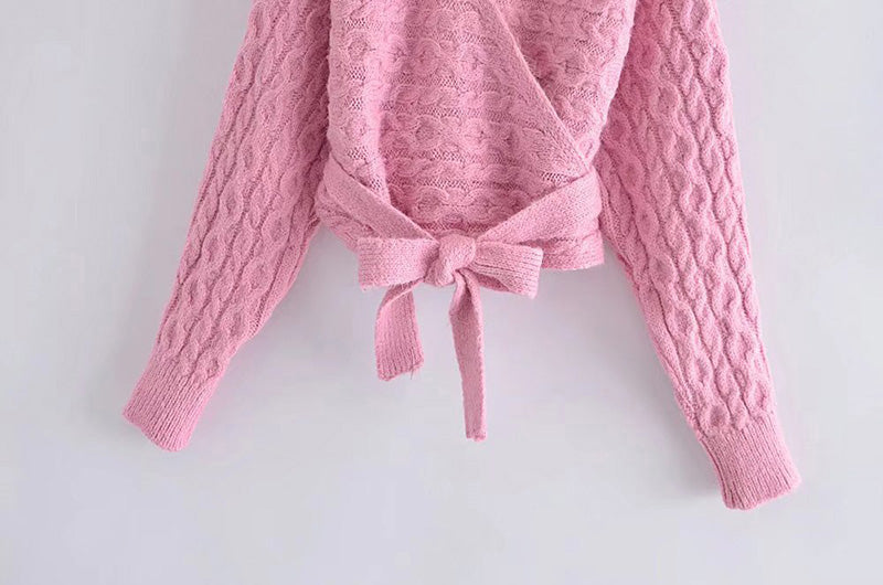 Fashion V-neck eight strand knitted sweater bandage knitted coat  7178
