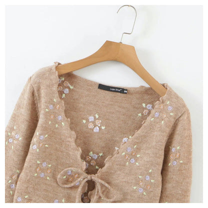 French retro fungus edge embroidered floret lace up slim knit cardigan top  7258