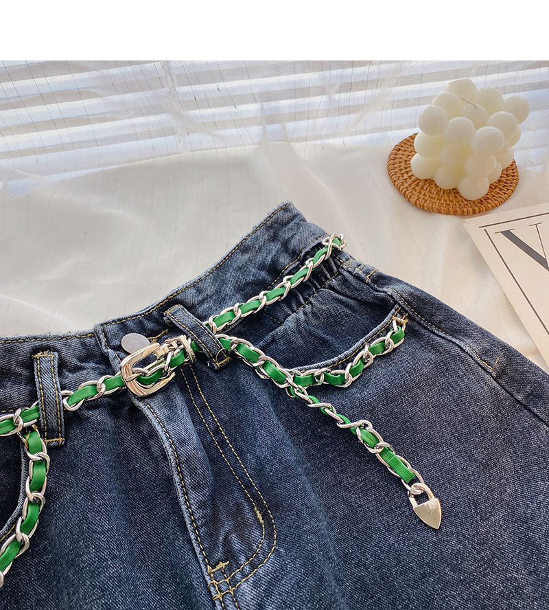 New niche design chain high waist split A-line skirt  5717
