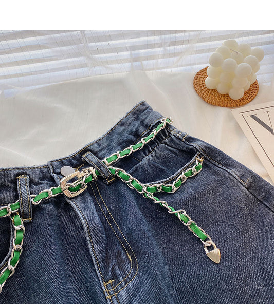 New niche design chain high waist split A-line skirt  5717
