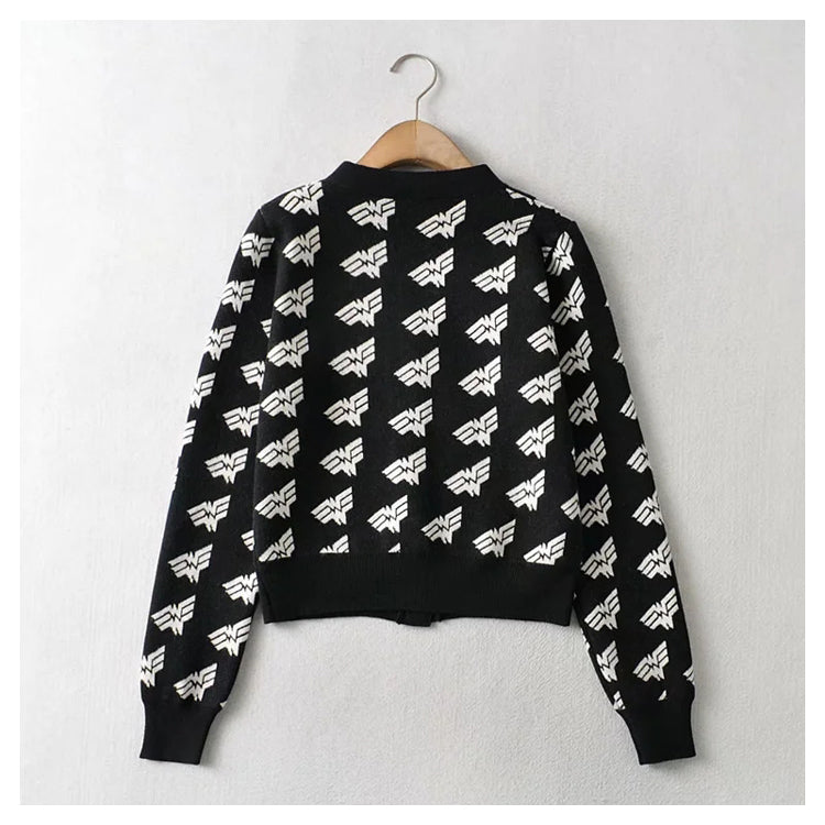 V-neck jacquard breasted knitted cardigan coat  7404