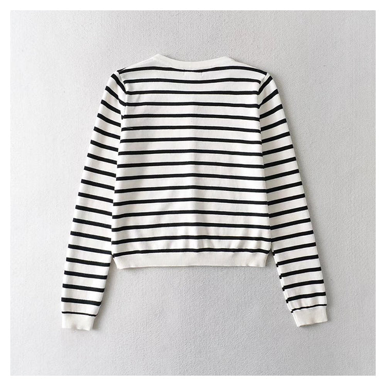 Xiaoxiangfeng knitted cardigan black and white striped gold button top  7524