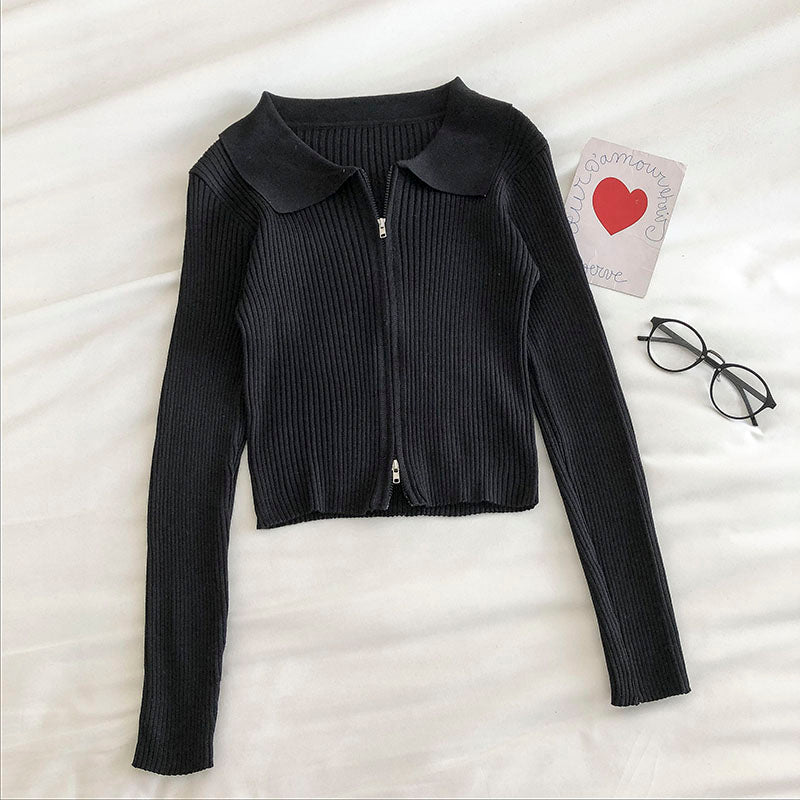 Women's fashion Lapel long sleeve short open navel sweater  6544