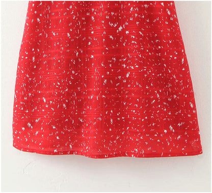 Versatile French V-neck single breasted bubble sleeve Floral Dress 7094