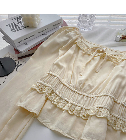 Fashion Lace Panel short long sleeve square neck top  6293