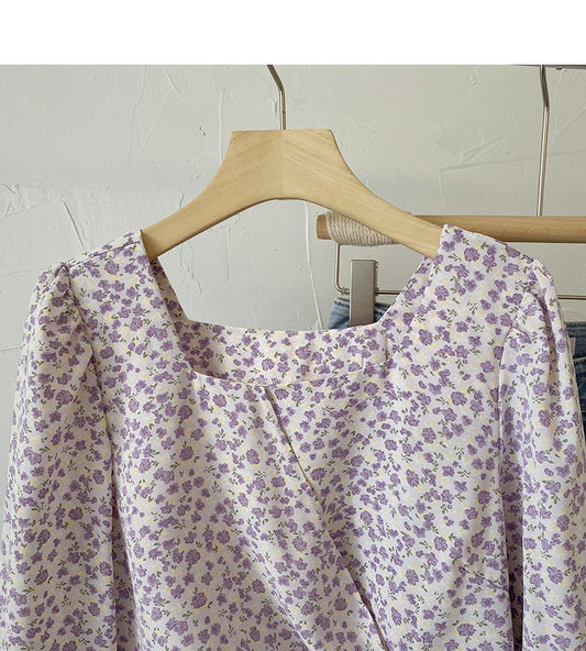 French Square Neck Long Sleeve Shirt shows thin and fashionable top  6437