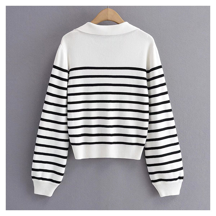 Minority retro lazy black and white striped sweater knitwear female  7493