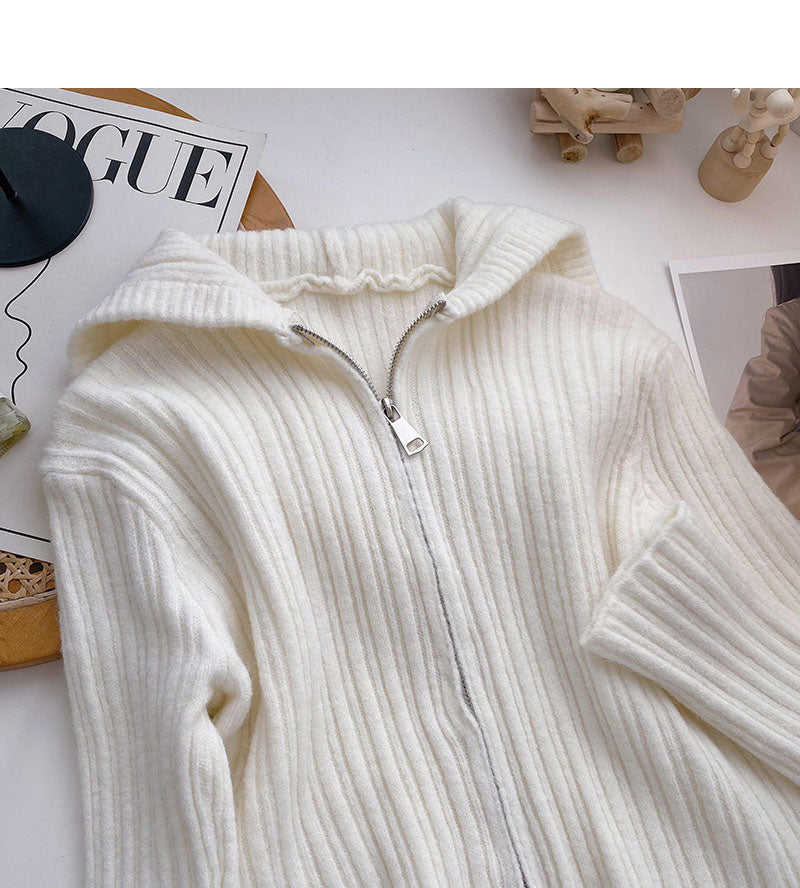 Cardigan hooded knitted coat solid short top  6590