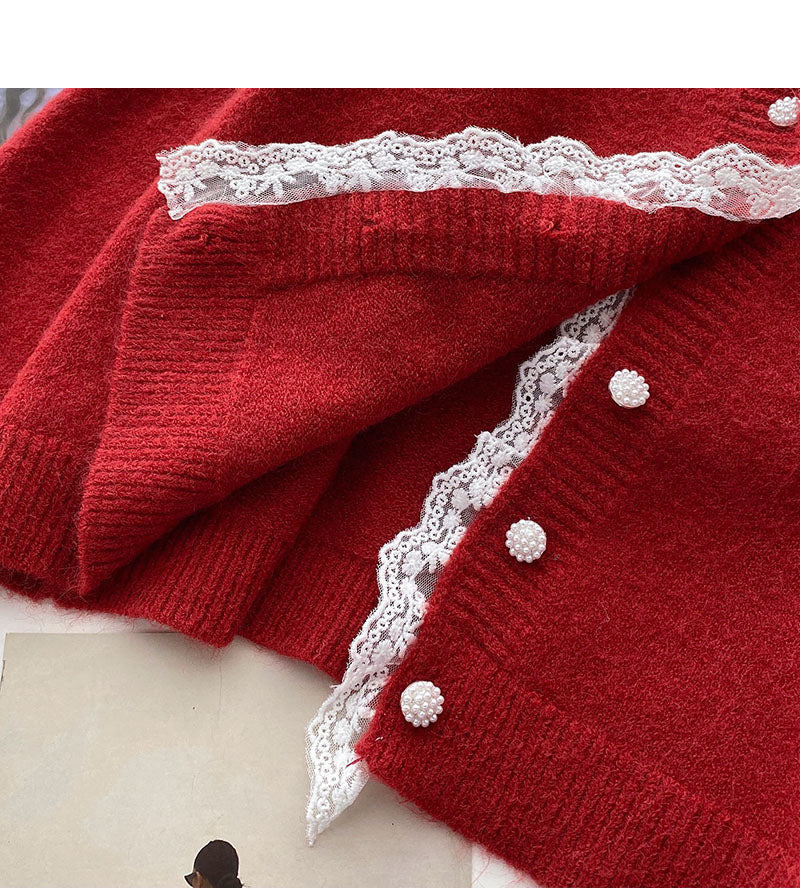 Lace edge V-Neck long sleeve design loose short top  6048