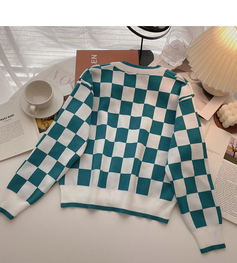 Korean retro versatile casual V-Neck long sleeve Plaid top  6559