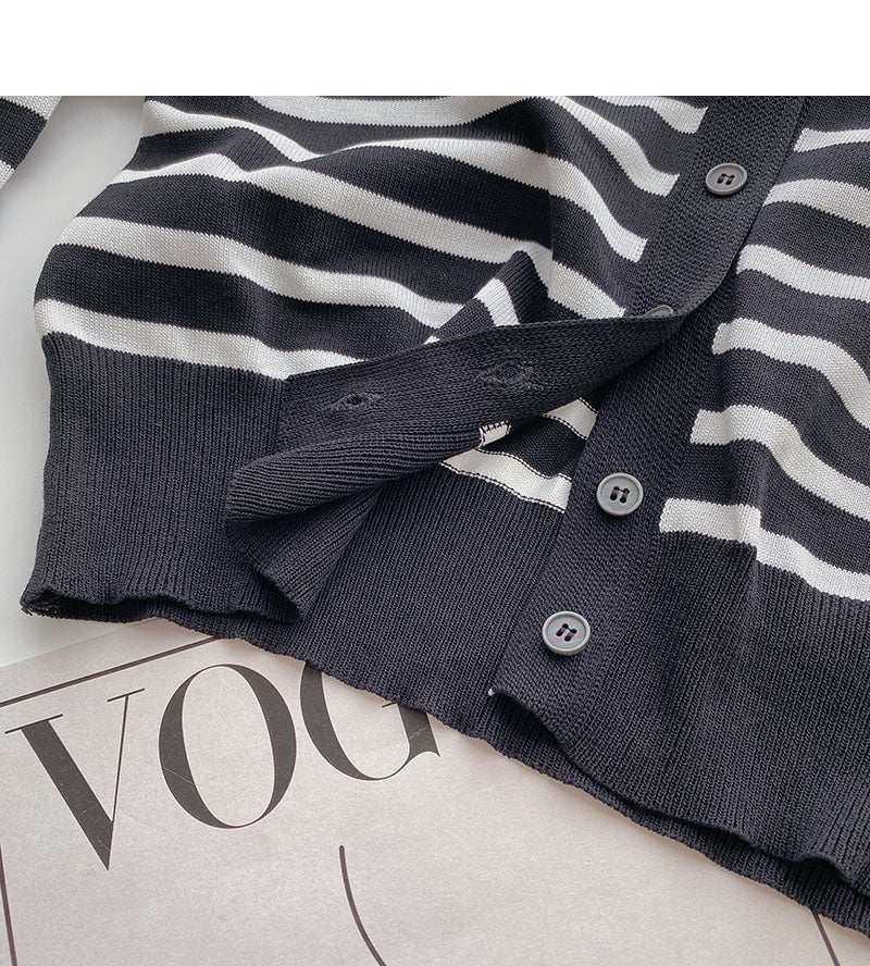 Long sleeve knitted stripe coat casual V-neck top  6518