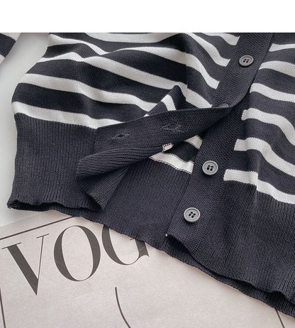 Long sleeve knitted stripe coat casual V-neck top  6518