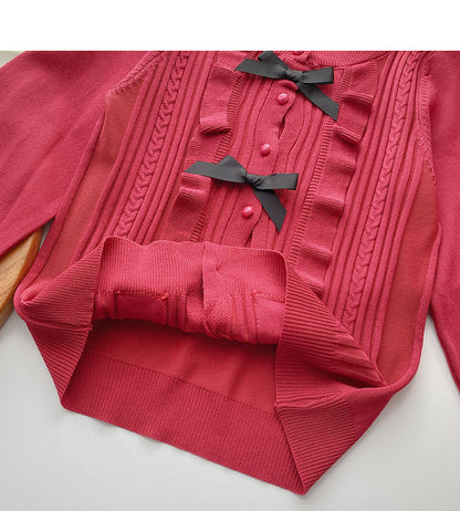 T-neck bow design Vintage knitted cardigan  6494