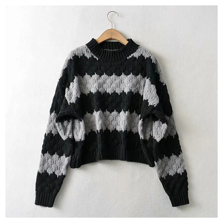 Thick needle jacquard stripe round neck Pullover knitted sweater  7399