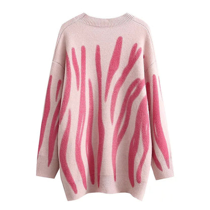 Lazy style retro irregular stripe crew neck loose long sleeve sweater  7359