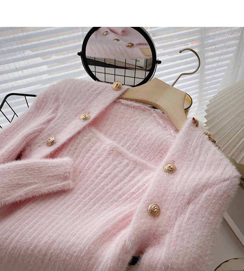 Irregular slim fit short small square neck double row button top  6513
