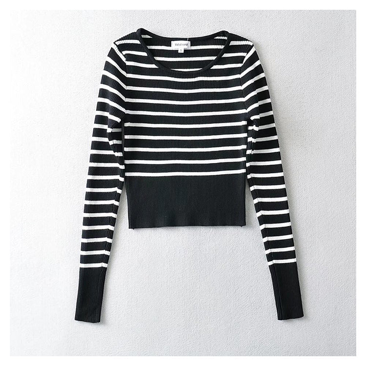 U-neck striped long sleeve slim bottomed sweater for women  7340