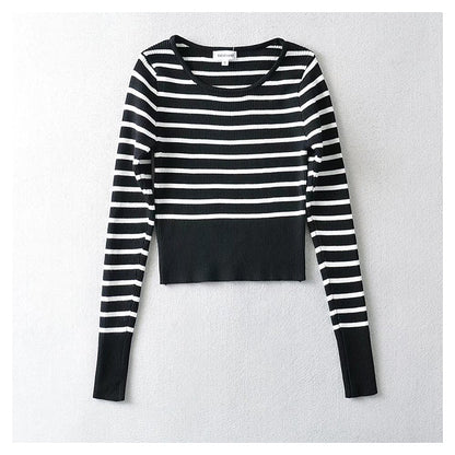 U-neck striped long sleeve slim bottomed sweater for women  7340