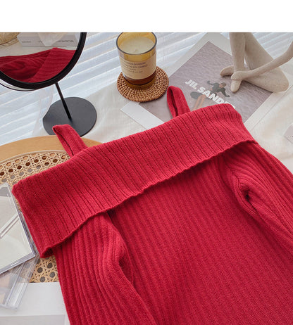 Straight neck irregular thin suspender long sleeve sweater  6444