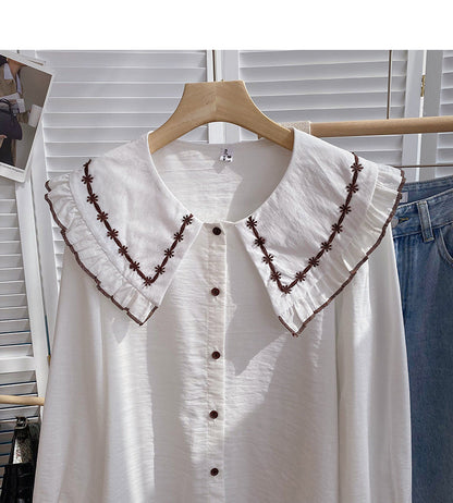 Korean version of thin Hong Kong style retro art doll collar single breasted top  6402