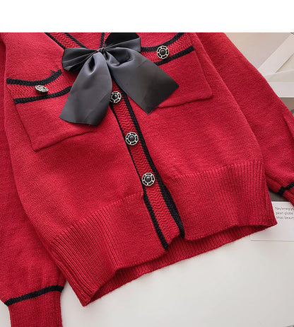 Bow V-neck Vintage sweater cardigan long sleeve top  6199