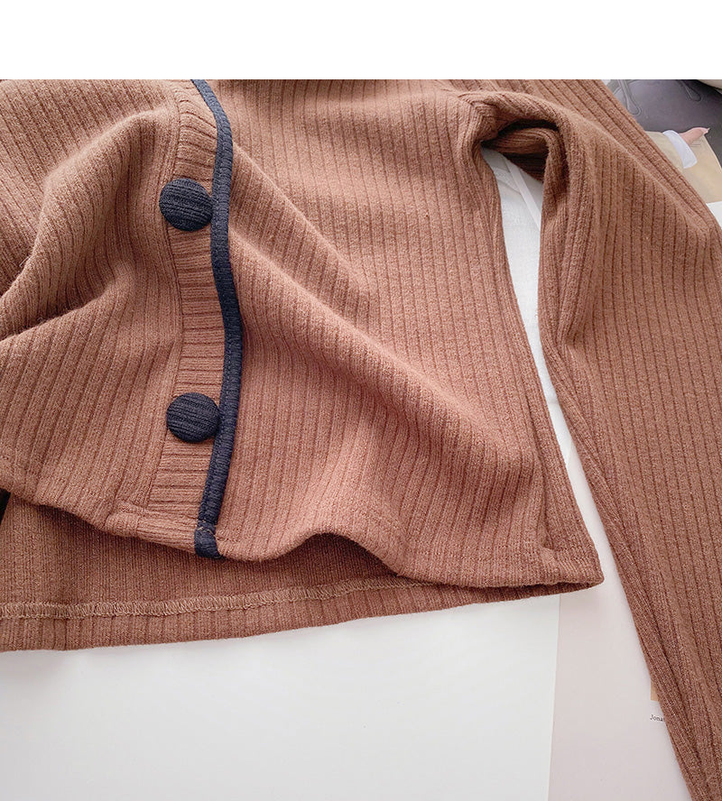 French small square neck sweater long sleeve color matching top  6695
