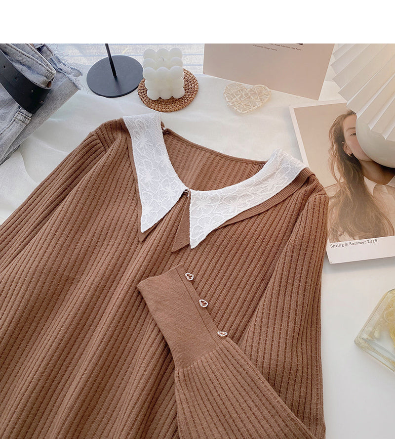 Design sense knitwear Vintage long sleeve Pullover Lapel top  6660