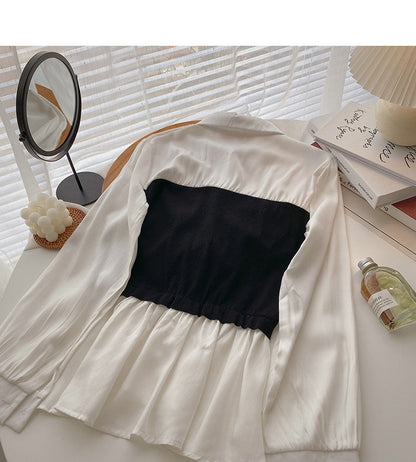 Shirt Female Minority design color matching drawstring fake two pieces  6287