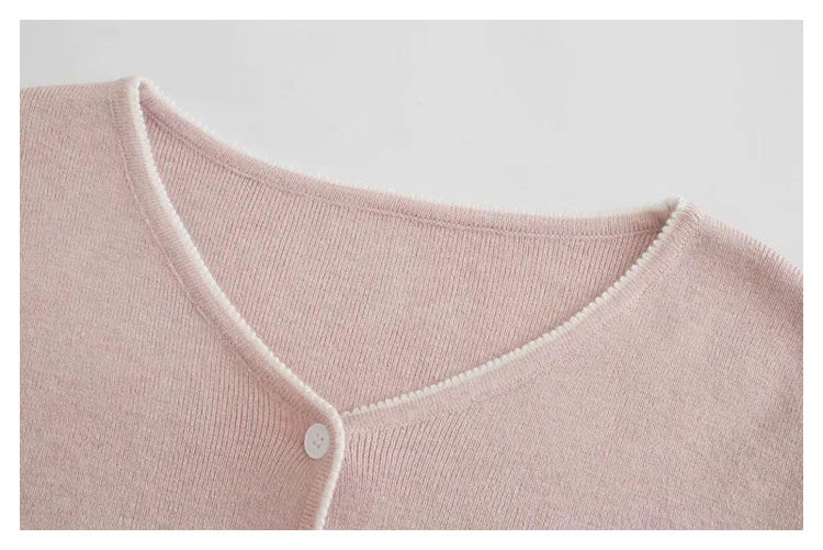 French V-neck lace contrast slim fit short knit sweater  7263