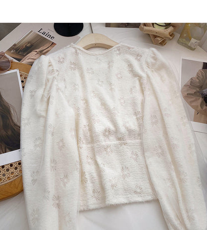 Mesh long sleeve T-shirt V-neck slim fit short pattern top  6670