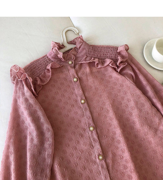 Round neck single breasted chiffon blouse with fungus edge  6258