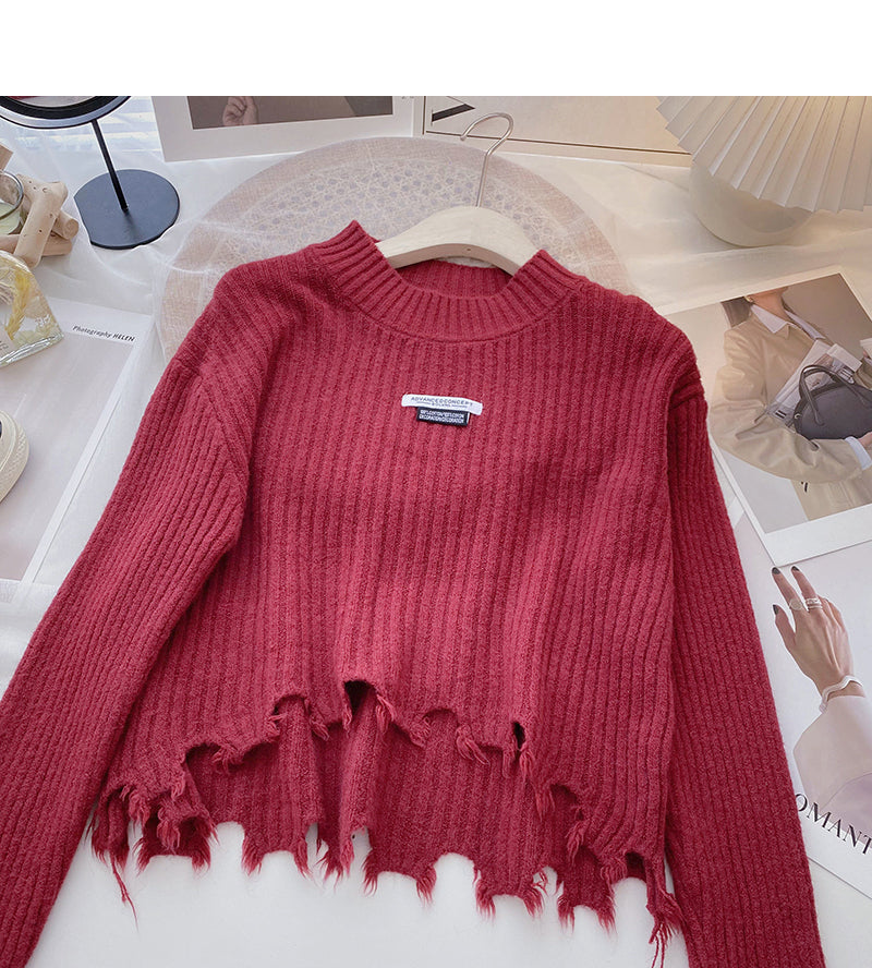 Crew neck loose versatile sweater irregular short top  6183