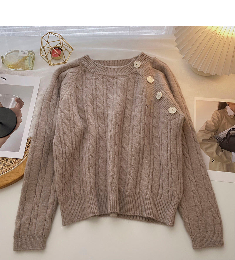 Design sense personalized diagonal button round neck Pullover versatile top  6032