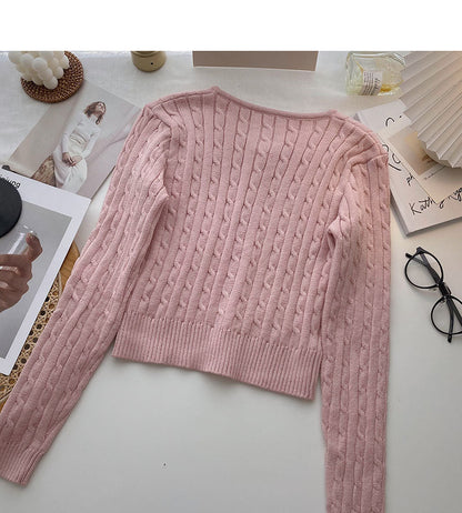 Knitted cardigan coat retro short twist long sleeve top  6566