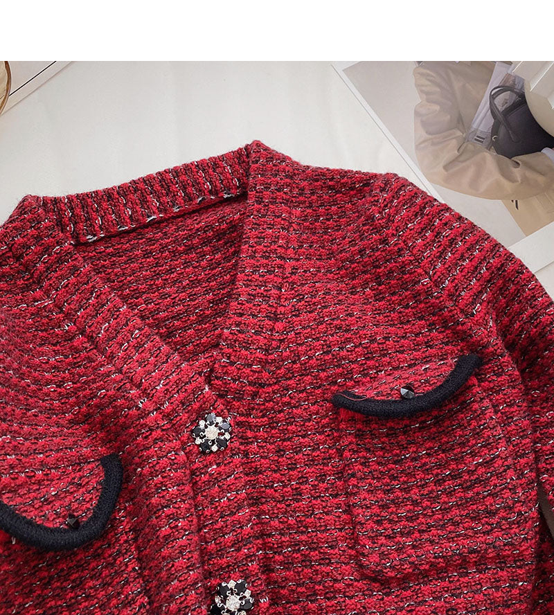 Small fragrance retro red sweater cardigan female  6126