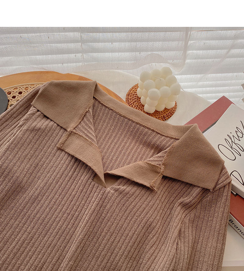 Simple casual short Lapel Pullover long sleeve top  6665