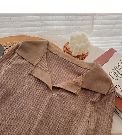 Simple casual short Lapel Pullover long sleeve top  6665