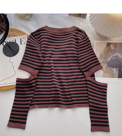 Design sense hollowed out long sleeve sweater slim striped top  6602
