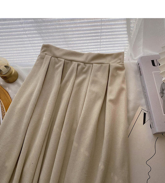 Simple high waist corduroy A-shaped medium length skirt  5784